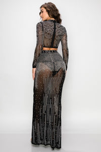 Mesh Rhinestone Maxi Skirt W/ Long Sleeve Crop Top - Black - SohoGirl.com