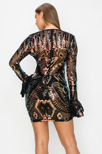 Deep V-Neck Long Sleeve Sequin Mini Dress - Black - SohoGirl.com