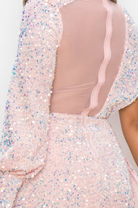 One Shoulder Draped Sequin Mini Dress - Pink - SohoGirl.com