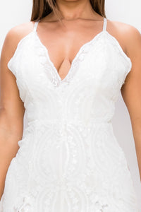 Spaghetti Strap V-Neck Sequin Mini Dress W/ Splits - White - SohoGirl.com