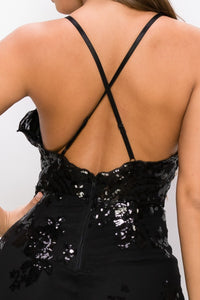Spaghetti Strap V-Neck Sequin Mini Dress W/ Splits - Black - SohoGirl.com