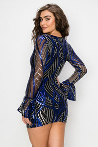 Bell Long Sleeve V-Neck Sequin Mini Dress - Blue - SohoGirl.com
