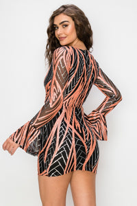 Bell Long Sleeve V-Neck Sequin Mini Dress - Salmon - SohoGirl.com
