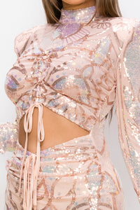 Mock Neck Bell Long Sleeve Sequin Mini Dress W/ Stomach Cut Out - Pink - SohoGirl.com