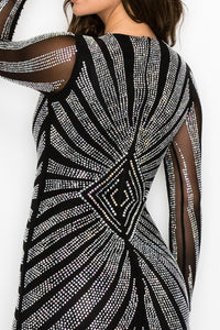 Long Sleeve V-Neck Rhinestone Studded Print Mini Dress - Black - SohoGirl.com