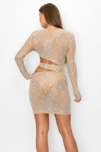 Long Sleeve Rhinestone Studded Mini Dress W/ Side Cut Outs - Nude - SohoGirl.com