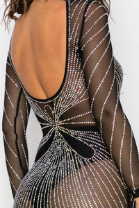 Long Sleeve Open Chest Mock Neck Rhinestone Studded Mini Dress - Black - SohoGirl.com