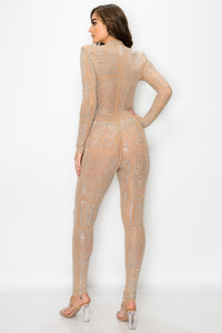 Bodycon Jumpsuit W/ Rhinestone Print - Nude - SohoGirl.com