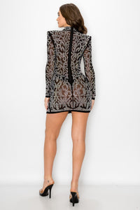 Rhinestone Studded Print Long Sleeve Deep V-Neck Choker Mini Dress - Black - SohoGirl.com