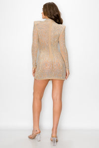 Rhinestone Studded Print Long Sleeve Deep V-Neck Choker Mini Dress - Nude - SohoGirl.com
