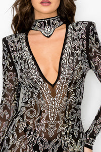 Rhinestone Studded Print Long Sleeve Deep V-Neck Choker Mini Dress - Black - SohoGirl.com