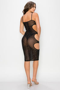 Rhinestone Sheer Mesh Cut Out Midi Dress - Black - SohoGirl.com