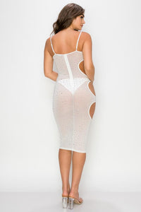 Rhinestone Sheer Mesh Cut Out Midi Dress - White - SohoGirl.com