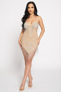 Sparkly Silver Rhinestone Fringe Bodycon Dress - Nude - SohoGirl.com