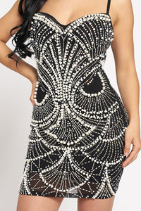 Leah Rhinestone W/ Pearl Stud Mini Dress - Black - SohoGirl.com