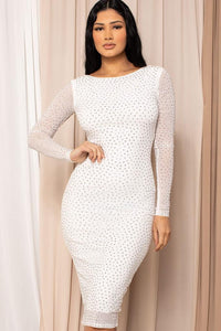 Rhinestone Nia Long Sleeve Dress - White - SohoGirl.com
