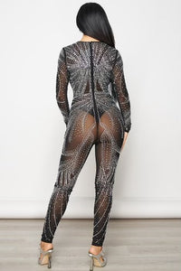 Rhinestone Sheer Mesh Long Sleeve Jumpsuit - Black - SohoGirl.com
