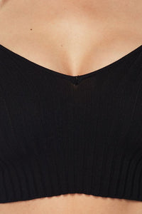 Long Sleeve V-Neck Knit Top Crop Top Off Shoulder - Black - SohoGirl.com