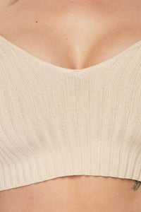 Long Sleeve V-Neck Knit Crop Top Off Shoulder - Taupe - SohoGirl.com