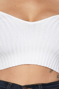 Long Sleeve V-Neck Knit Crop Top Off Shoulder - White - SohoGirl.com