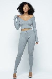 Knit Lslv V-Neck Legging Set - H.Grey - SohoGirl.com