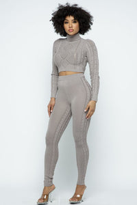 Turtle Neck Cable Knit Legging Set - Iced Coffee - SohoGirl.com