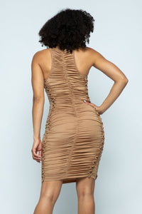 Ruched Turtleneck Dress - Taupe - SohoGirl.com