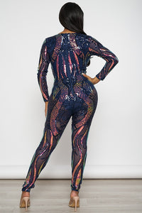 Holographic Embellished Long Sleeve Jumpsuit - Navy - SohoGirl.com