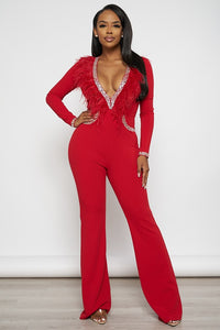 Feather Long Sleeve Jumpsuit - Red - SohoGirl.com