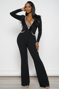 Feather Long Sleeve Jumpsuit - Black - SohoGirl.com