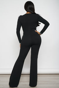 Feather Long Sleeve Jumpsuit - Black - SohoGirl.com