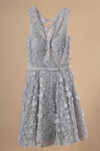 Elizabeth K GS1604 3D Floral Applique Lace Short Dress - Gray - SohoGirl.com