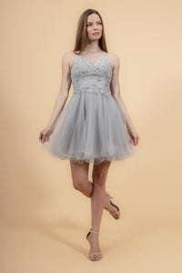 Elizabeth K GS1607 Embroidered Bodice Tulle Short Dress - Silver - SohoGirl.com