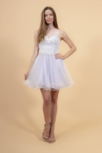 Elizabeth K GS1607 Embroidered Bodice Tulle Short Dress - White - SohoGirl.com