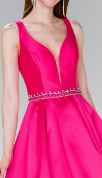 Elizabeth K GS2384 V-Neck Beaded Waist Dress in Fuchsia - SohoGirl.com