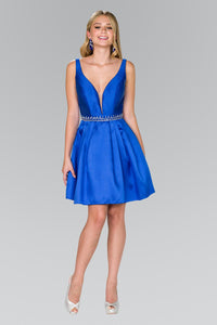 Elizabeth K GS2384 V-Neck Beaded Waist Dress in Royal Blue - SohoGirl.com