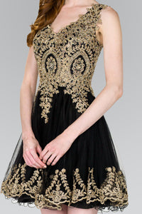 Elizabeth K GS2403 Tulle Short Dress Accented with Gold Lace in Black - SohoGirl.com