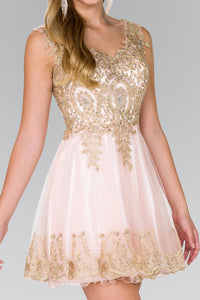 Elizabeth K GS2403 Tulle Short Dress Accented with Gold Lace in Blush - SohoGirl.com