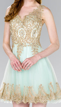 Elizabeth K GS2403 Tulle Short Dress Accented with Gold Lace in Mint - SohoGirl.com