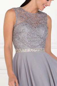 Elizabeth K GS2410 Lace Top Chiffon Skirt Illusion Dress in Silver - SohoGirl.com
