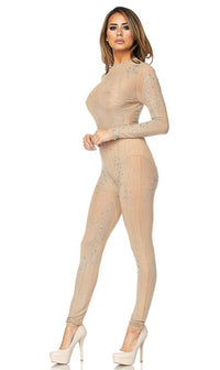 Rhinestone Embellished Jumpsuit in Nude - SohoGirl.com