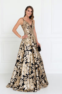 Elizabeth K GL1511 V-Neck Maxi Dress in Black-Gold - SohoGirl.com