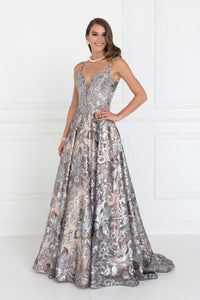 Elizabeth K GL1511 V-Neck Maxi Dress in Silver - SohoGirl.com
