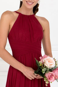 Elizabeth K GL1524 High Neck Ruched Dress in Burgundy - SohoGirl.com