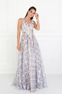 Elizabeth K GL1550 Floral Embroidered Dress in Silver - SohoGirl.com