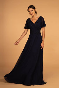 Elizabeth K GL2520 Embroidered Bodice Maxi Dress in Navy - SohoGirl.com