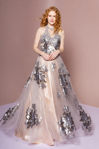 Elizabeth K GL2655 Illusion Sweetheart Open Back Dress in Champagne-Silver - SohoGirl.com