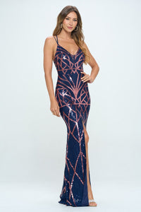 RICARICA SLEEVELESS V-NECK SEQUIN WITH MESH INSET AT BUST-NAVY/MAUVE - SohoGirl.com