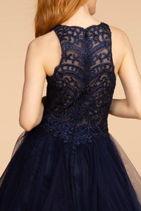 Elizabeth K GL2528 Embroidered Applique Bodice Tulle Dress - Navy - SohoGirl.com