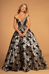 Elizabeth K GL2545 Beads Embellished Floral Print Gown - Silver - SohoGirl.com